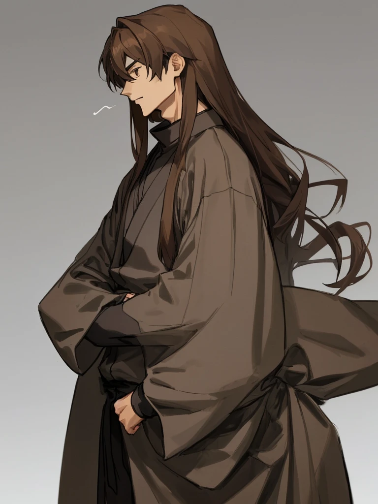 young guy, long brown hair. Dressed in big and gray ninja clothes. 