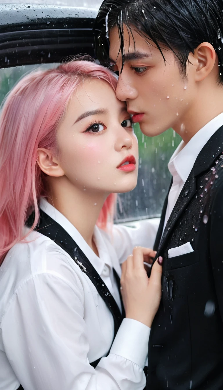 Masterpiece, best quality, super detailed, illustration, beautiful detailed eyes, close up, with a boy and a girl. It was pink hair, white pleated shirt, cracked button on the chest, skirt. The boy is black hair, black suit, black pants. Boys and girls kissing in car, heavy rain weather