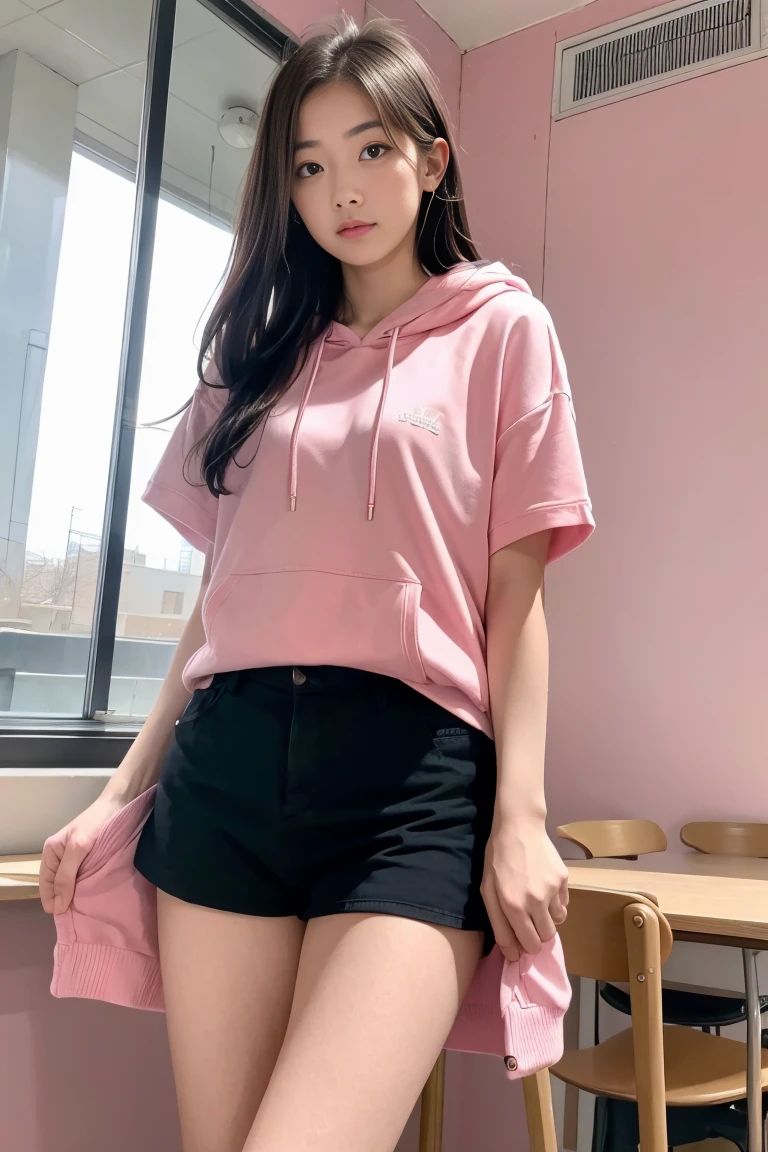 deux femmes ensemble de 18 ans sexy et mince , pink short sleeve hoodie , salle de classe, se touche,position sey,sensuel