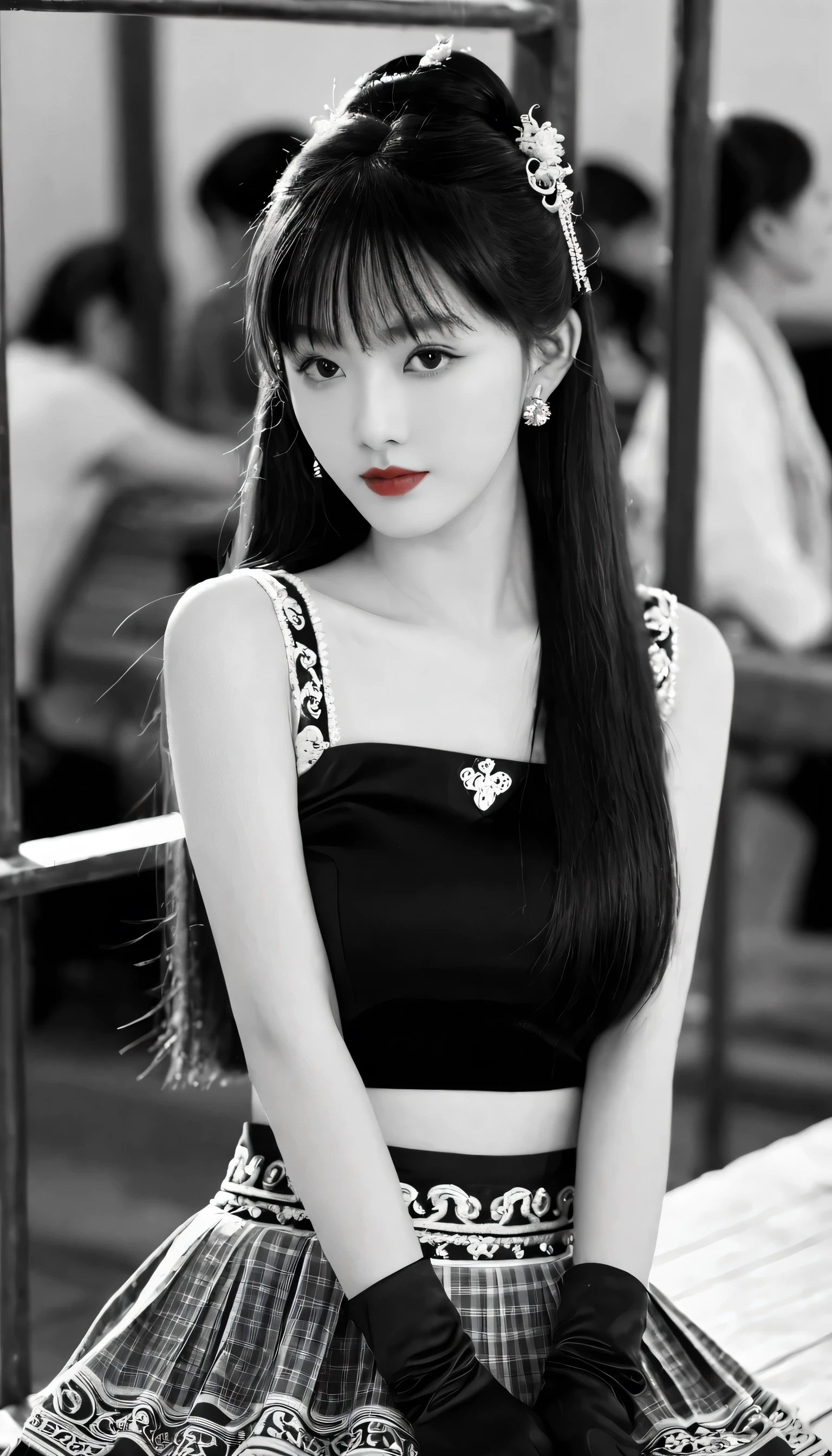 Lin Mingmei, 1 Girl, Solitary, monochrome, Weaving, Looking at the audience, skirt, Long hair, traditional media, sign, Bangs, cosmetic, own hands, Black Hair, Upper Body, Lipstick, Drilling hair, Artist Name, twin Weavings, Bridal Gloves, sleeveless
