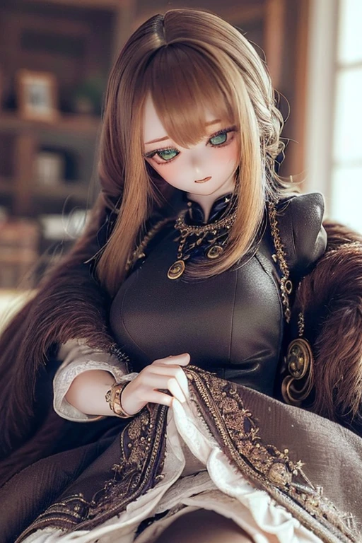 photorealistic, realistic photo, ((highest quality)), ((masterpiece)), (extremely detailed), kukolnydom, doll, (mature woman:1.7), solo, full body, sitting on sofa, green eyes, (looking down, blank eyes, empty eyes, detailed eyes:1.3), light smile, dress, museum, 8k