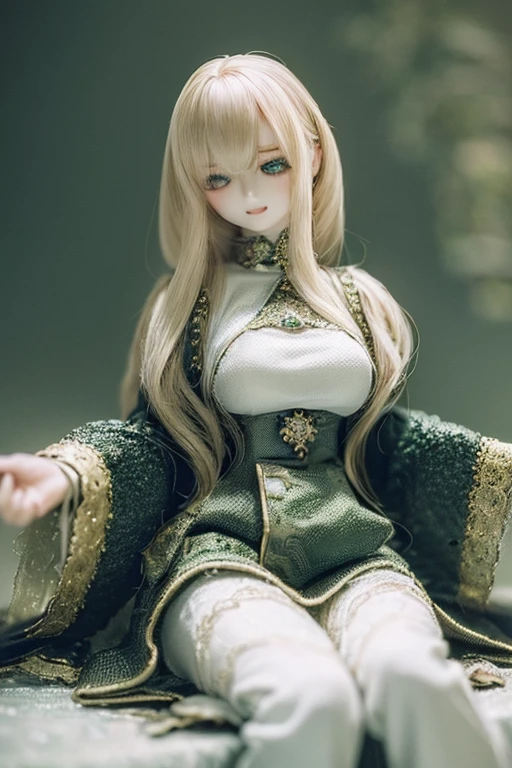 photorealistic, realistic photo, ((highest quality)), ((masterpiece)), (extremely detailed), kukolnydom, doll, (mature woman:1.7), solo, full body, sitting on sofa, green eyes, (looking down, blank eyes, empty eyes, detailed eyes:1.3), light smile, dress, museum, 8k