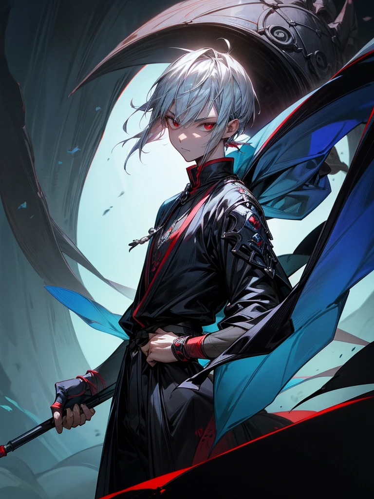 A front of a young man with short white hair, red eyes, masculine face. Wearing a black cloack with blue details. He is standing, looking to the side. On a center of a rpg scenario. Dungeons and Dragons art direction, studio ghibli Style
