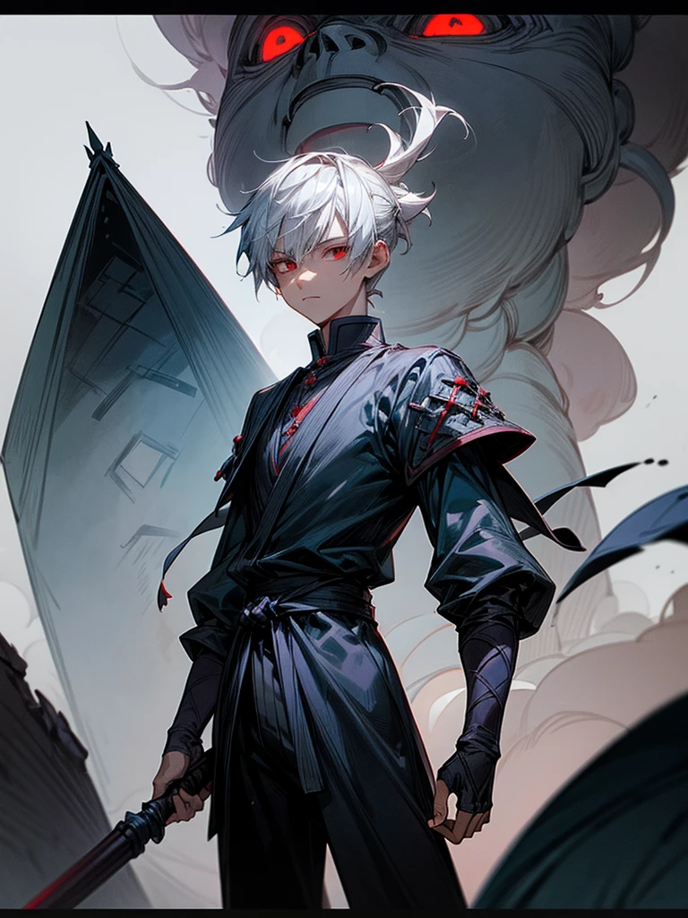 A front of a young man with short white hair, red eyes, masculine face. Wearing a black cloack with blue details. He is standing, looking to the side. On a center of a rpg scenario. Dungeons and Dragons art direction, studio ghibli Style