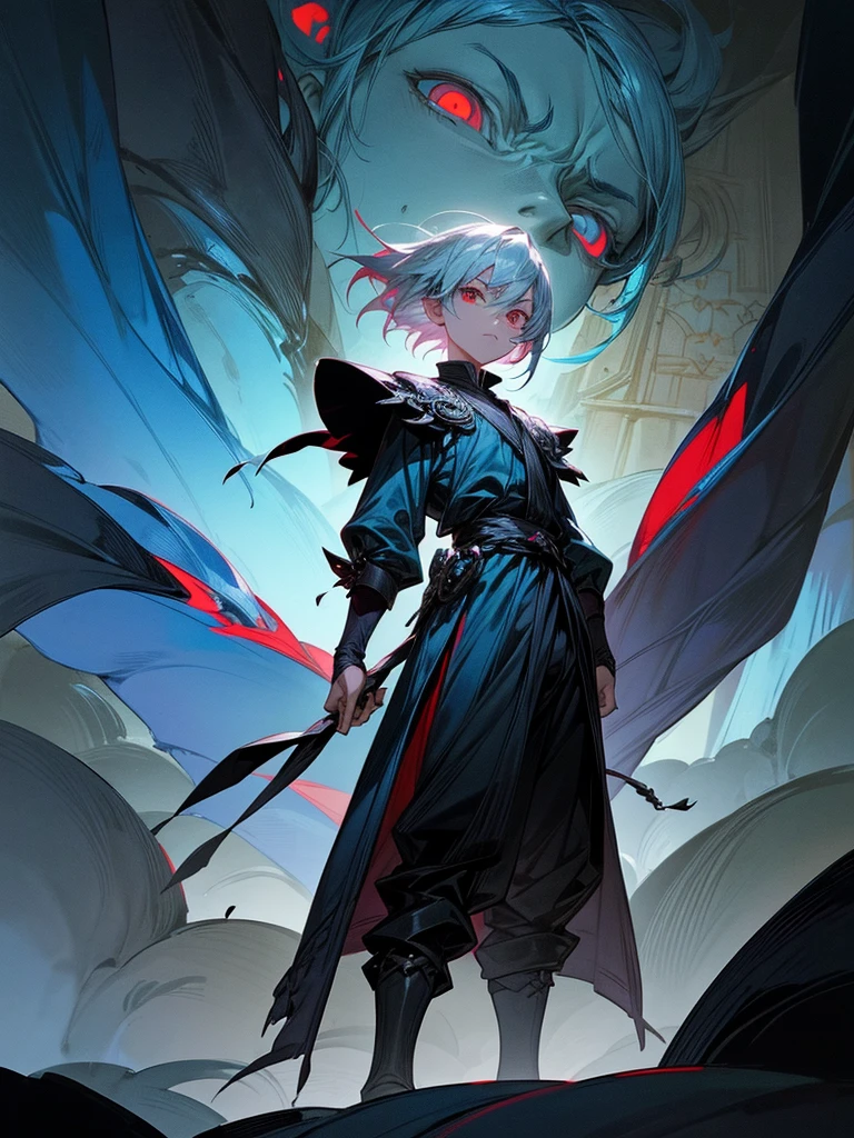 A front of a young man with short white hair, red eyes, masculine face. Wearing a black cloack with blue details. He is standing, looking to the side. On a center of a rpg scenario. Dungeons and Dragons art direction, studio ghibli Style
