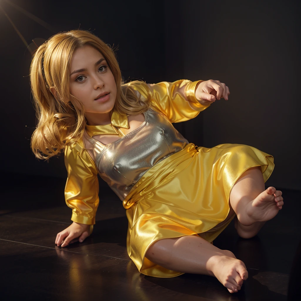 The image shows a 3D animated character, a baby girl with blonde hair, wearing a yellow dress and a red skirt, sitting on the floor, smooth 3d model, glossy plastic texture, multiple light sources, rim light, sharp post effects render, most beautiful vfx, , realistic, 4k, high resolution, rim light, smooth 3d model. , glossy texture, smooth 3d model, multiple light sources, rim light, sharp post effects render, (glossy plastic texture with multiple big light probe refractions), perfect cgi, reflective, best quality, 4k, masterpiece:1.2, ultra-detailed, realistic, vivid colors, The image of the highest quality, ensuring every detail showcased perfectly. It in 4k resolution, allowing viewers to immerse themselves in the richness of the colors and intricate details. The realistic rendering. under the spotlight, reflecting, high-resolution image, realistic rendering