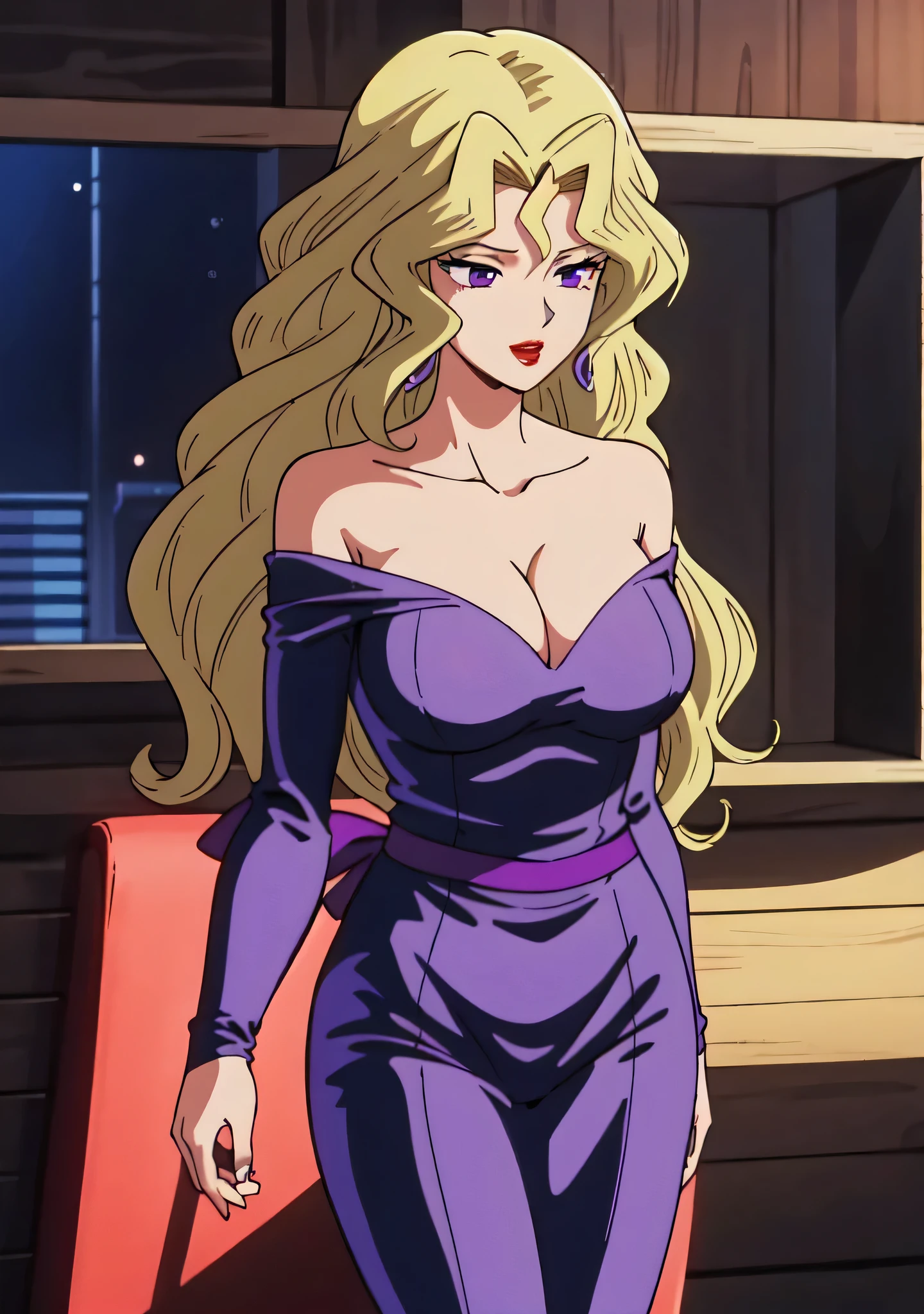 masterpiece、Highest quality、Anime Women、solo、Watching the audience、laugh at、Long Hair、bionde、eyelash、lipstick、Purple Eyes、Wavy Hair、Big Breasts、A woman with very large breasts、collarbone、Purple bodysuit、Off the shoulder、Long sleeve、Pink sash、