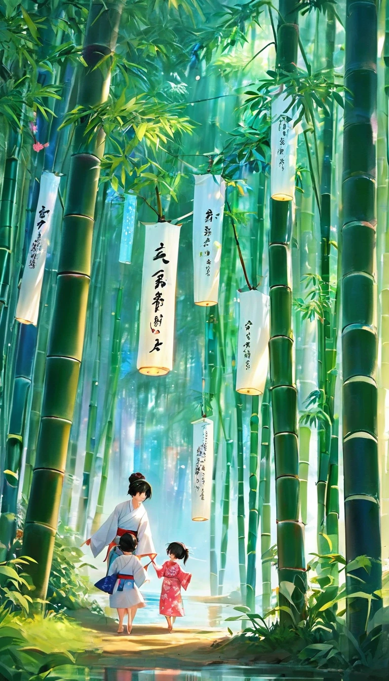 Three parents and children celebrating Tanabata, father,mother, daughter, yukata,early summer, injuly, night, bamboo forest, Riverbank, Bamboo with strips of paper hanging from it, Rectangular pieces of paper with written characters are hung from bamboo, night空には天の川