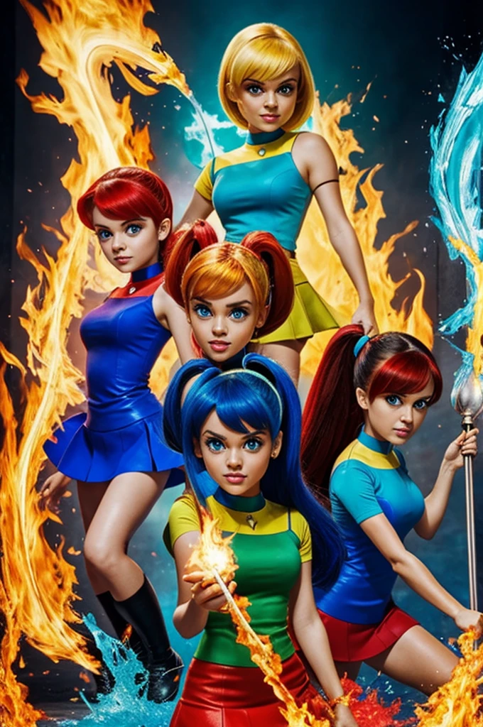 Powerpuff girls with fire/water or blue/yellow red
