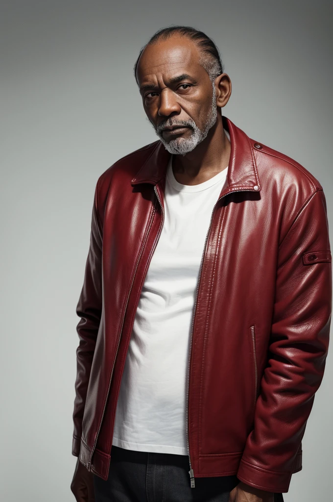 A Old Black man with receding hair line looking to left and wearing a red leather jacket with Black lines and wearing a White shirt under the jacket 