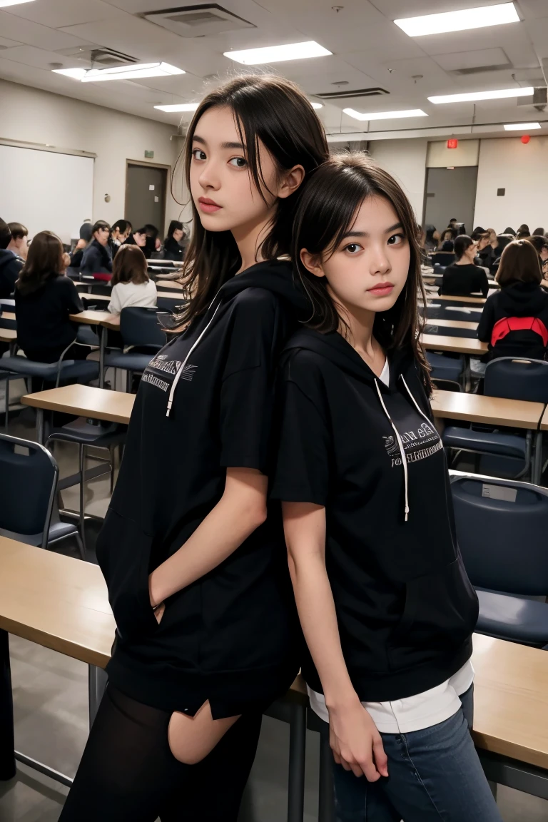 deux femmes ensemble de 18 ans sexy et mince , black short sleeve hoodie , salle de classe, se touche,position sey,sensuel