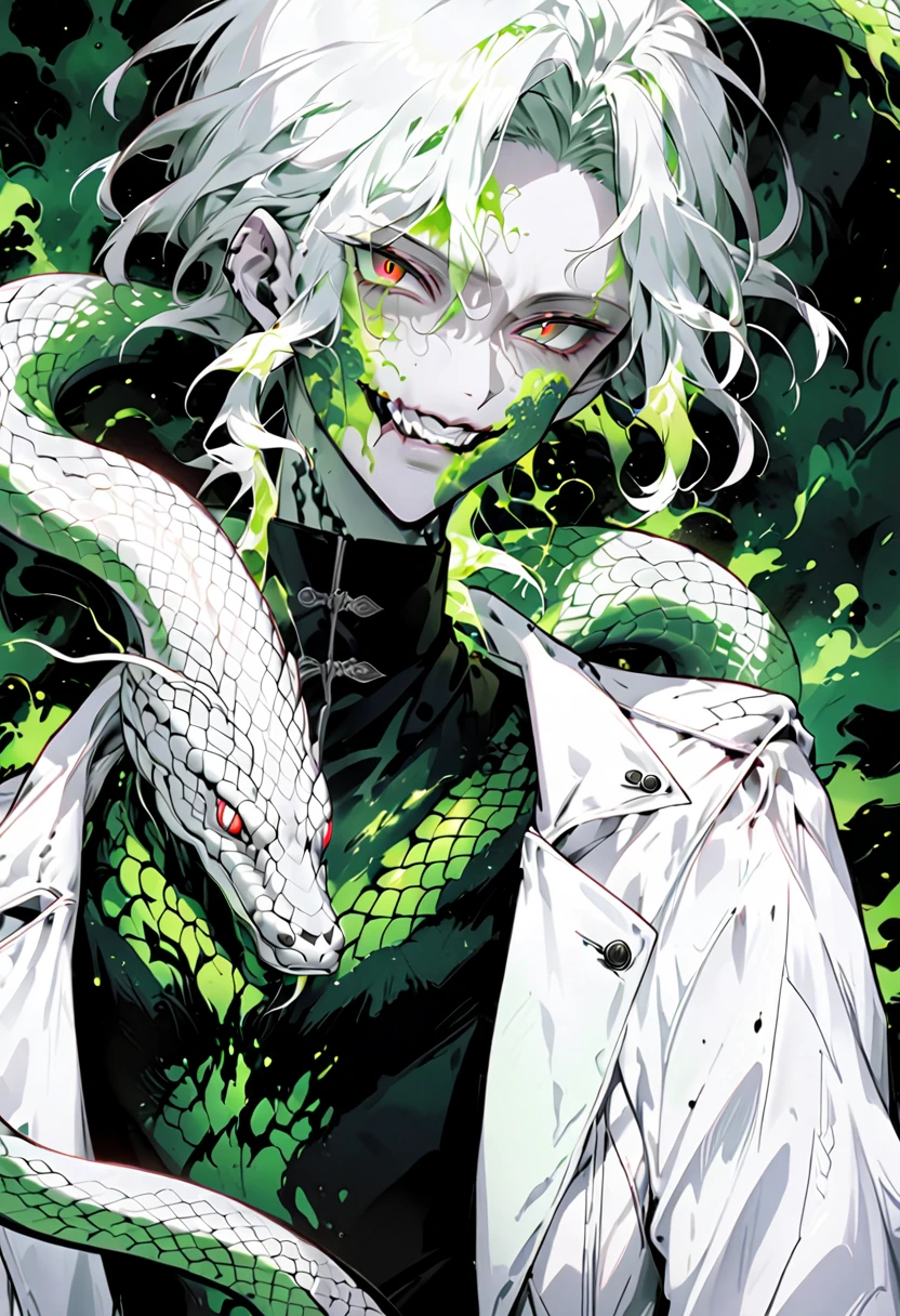 Generate an anime-style illustration of a age male character with the appearance of a Gorgon. He should have pale skin, sharp facial features, and a monstrous look, with green scales covering parts of his face and body. His hair should be made entirely of slender, elegant white snakes with subtle green highlights, all oozing a green liquid aura. The snakes should have piercing red eyes. The character should be wearing a white trench coat hoodie with accents of green, creating a harmonious green and white color theme. He should have a sinister grin on his face. Please ensure that the overall aesthetic remains true to traditional anime art style