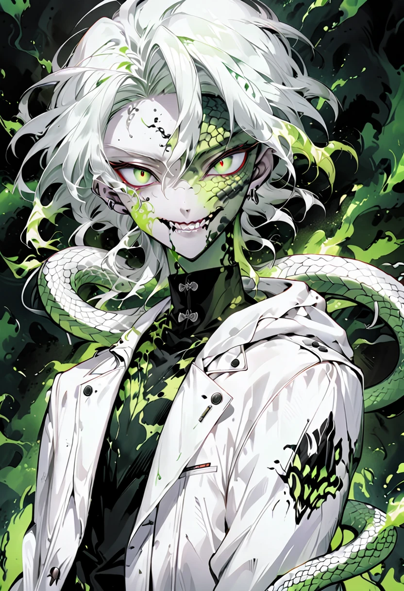 Generate an anime-style illustration of a age male character with the appearance of a Gorgon. He should have pale skin, sharp facial features, and a monstrous look, with green scales covering parts of his face and body. His hair should be made entirely of slender, elegant white snakes with subtle green highlights, all oozing a green liquid aura. The snakes should have piercing red eyes. The character should be wearing a white trench coat hoodie with accents of green, creating a harmonious green and white color theme. He should have a sinister grin on his face. Please ensure that the overall aesthetic remains true to traditional anime art style