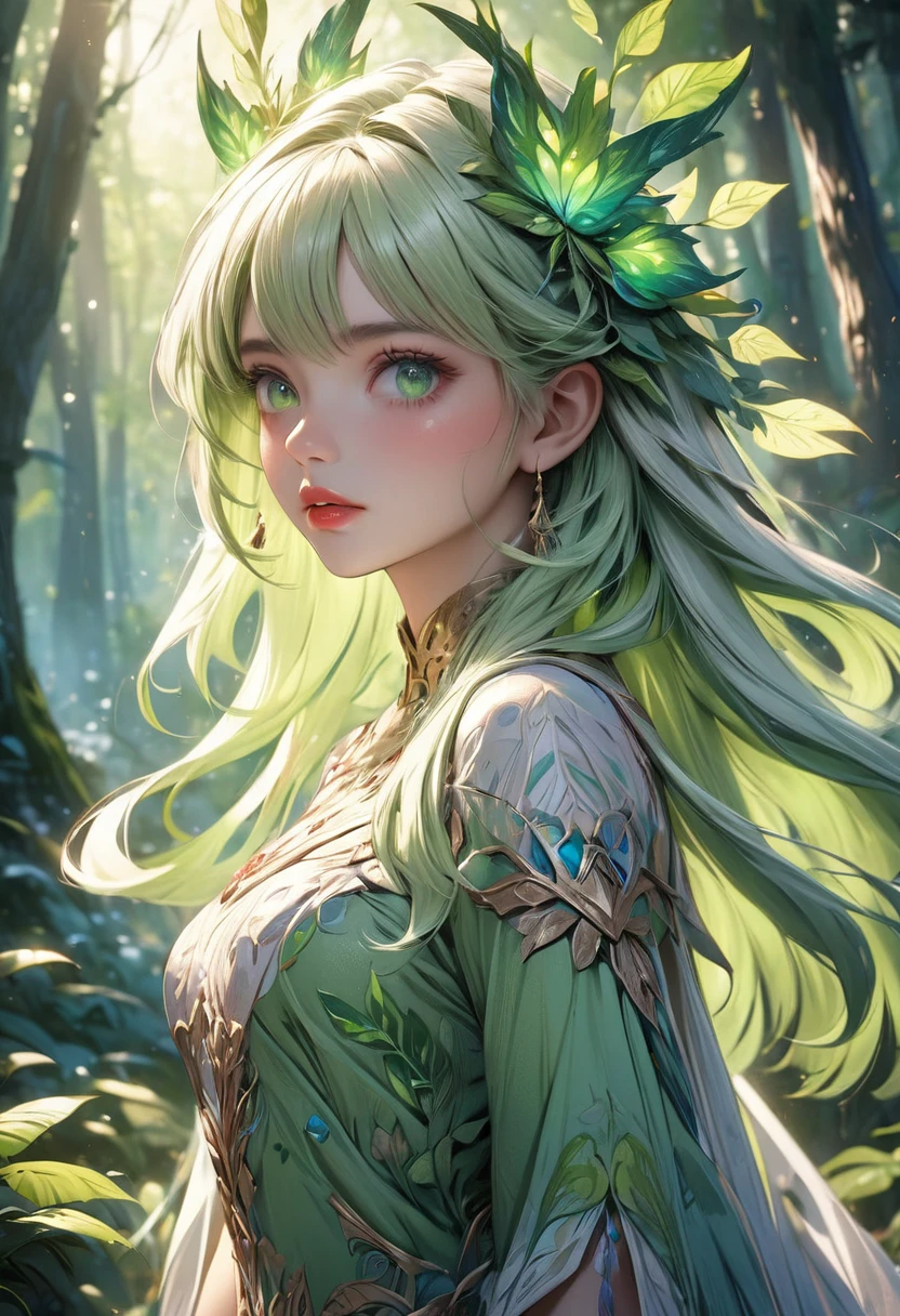 anime style illustration, 1girl, princess, light green hair, green forest spirit, beautiful light green hair, nature, fantastical, detailed face, beautiful light green eyes, expressive eyes, detailed lips, (best quality,4k,8k,highres,masterpiece:1.2),ultra-detailed,intricate details, vibrant colors, fantasy art, digital painting, cinematic lighting, magical, cinematic angle, full-body view