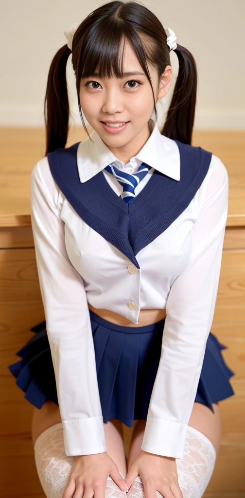 Uniform Cosplay、Uniform Cosplayer Ponytail Bangs、Cleavage、Predecessor Wan、Smiling with white teeth、bite、double eyelid、Front face、Slender、Kneel on a chair、(8K、Raw photo、Highest quality、masterpiece:1.2)、(Realistic、Photorealistic:1.37)、Ultra-detailed、(Detailed beautiful girl:1.4)、1 girl、Full Body Shot、