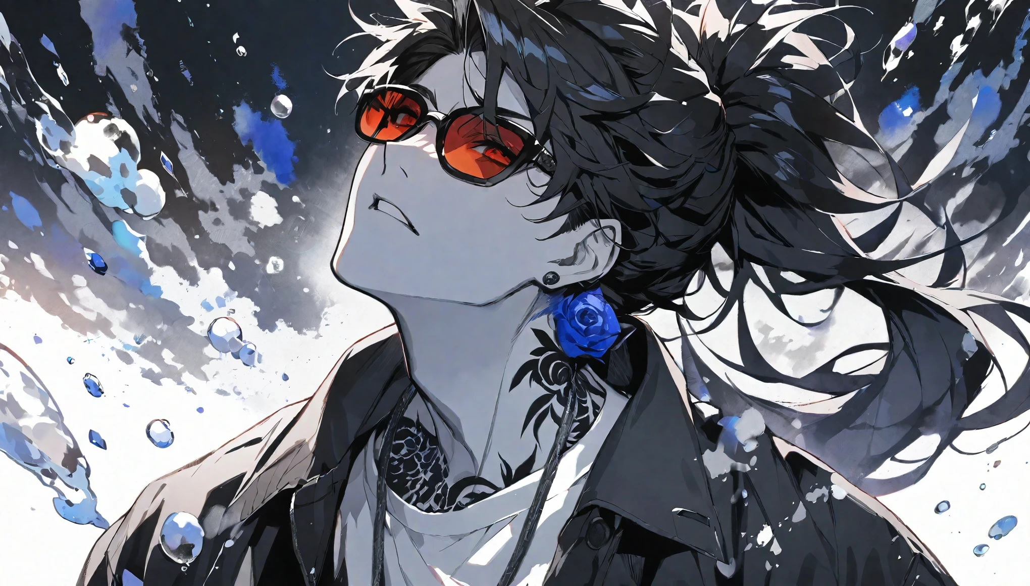 solo,handsome, monochrome,watercolor,1 male, Ponytail, Braided black hair, red eyes, Gojo Satoru,casual,Blue Rose Tattoo,black Oversized 服,casual,Stylish,cool,Wear sunglasses around your neck,Void,look up,
blackbackground,İcon,Despise face up,Soap bubble,gem,