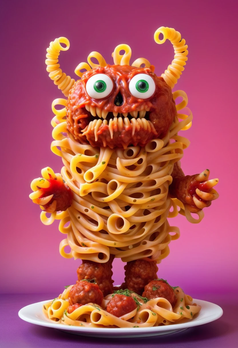 monster made from pasta and meatballs, marinara graffiti, standing, gradient background,