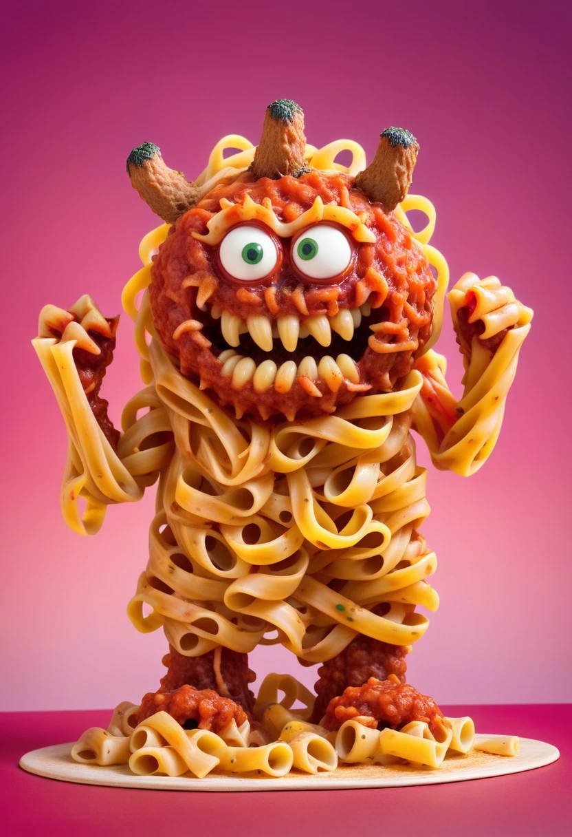 monster made from pasta and meatballs, marinara graffiti, standing, gradient background,