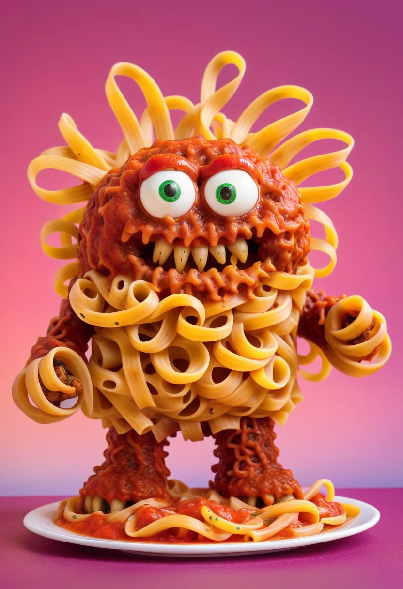 monster made from pasta and meatballs, marinara graffiti, standing, gradient background,