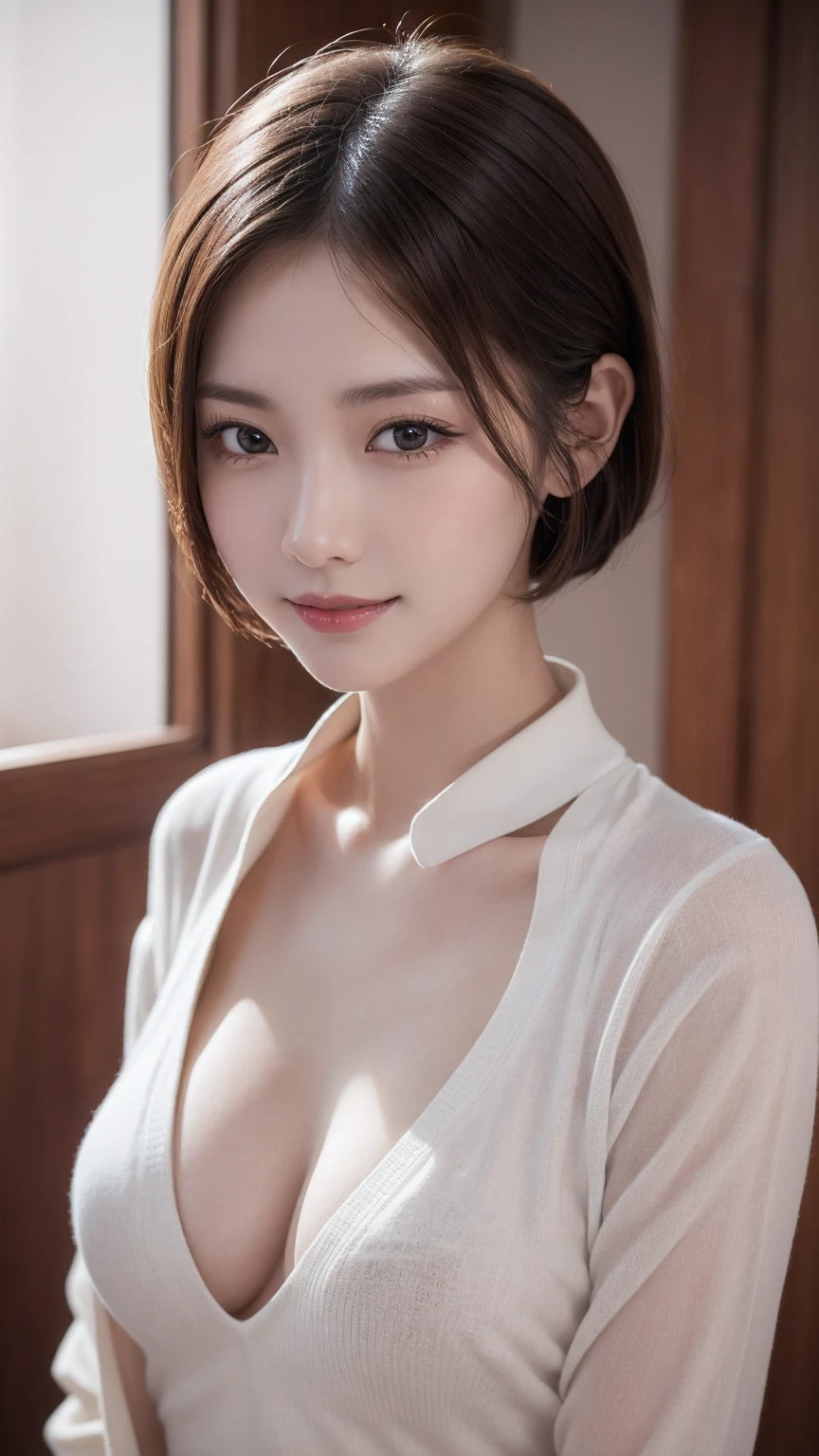 One Girl, (Wear trendy fashion:1.2), (RAW Photos, Highest quality), (Realistic, Realistic:1.4), Tabletop, Very delicate and beautiful, Very detailed, 2k wallpaper, wonderful, In detail, Very detailedな CG Unity 8K 壁紙, Very detailedな, High resolution, Soft Light, Beautiful detailed girl, Looking into the camera、Very detailedな目と顔, Beautiful and sophisticated nose, Beautiful details, short hair, small, Grey clothes、White Background、Background is white、Cinema Lighting, Perfect Anatomy, Slender body, smile, ,Big Breasts