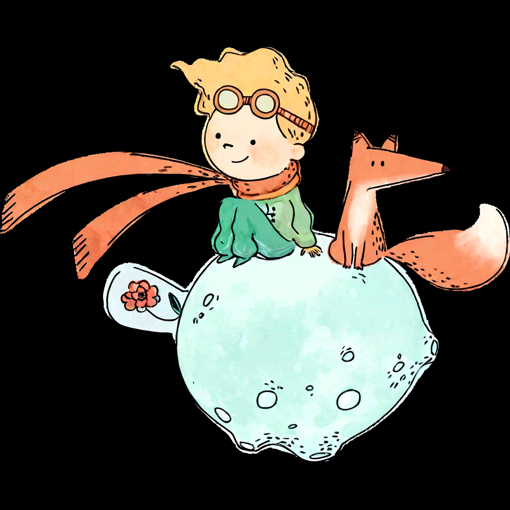 a boy with a fox and a red flower sitting on the moon, but realistic, inspired by Pixar animation, up close. The character is the center of attention with captivating facial expressions, offering a touch of unreality.