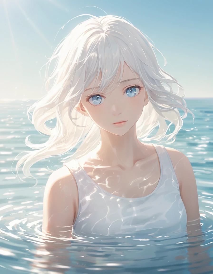 Anime style female character in water, (Long white hair:1.2), (Gentle expression:1.1), blue eyes, White tank top, (Ripple water effect around body:1.3), Sunlight reflecting on water, sunny, subtle water splash, High Resolution Digital Art, Soft Color Palette, Quiet atmosphere, (Calm sea background:1.1), Realistic water texture