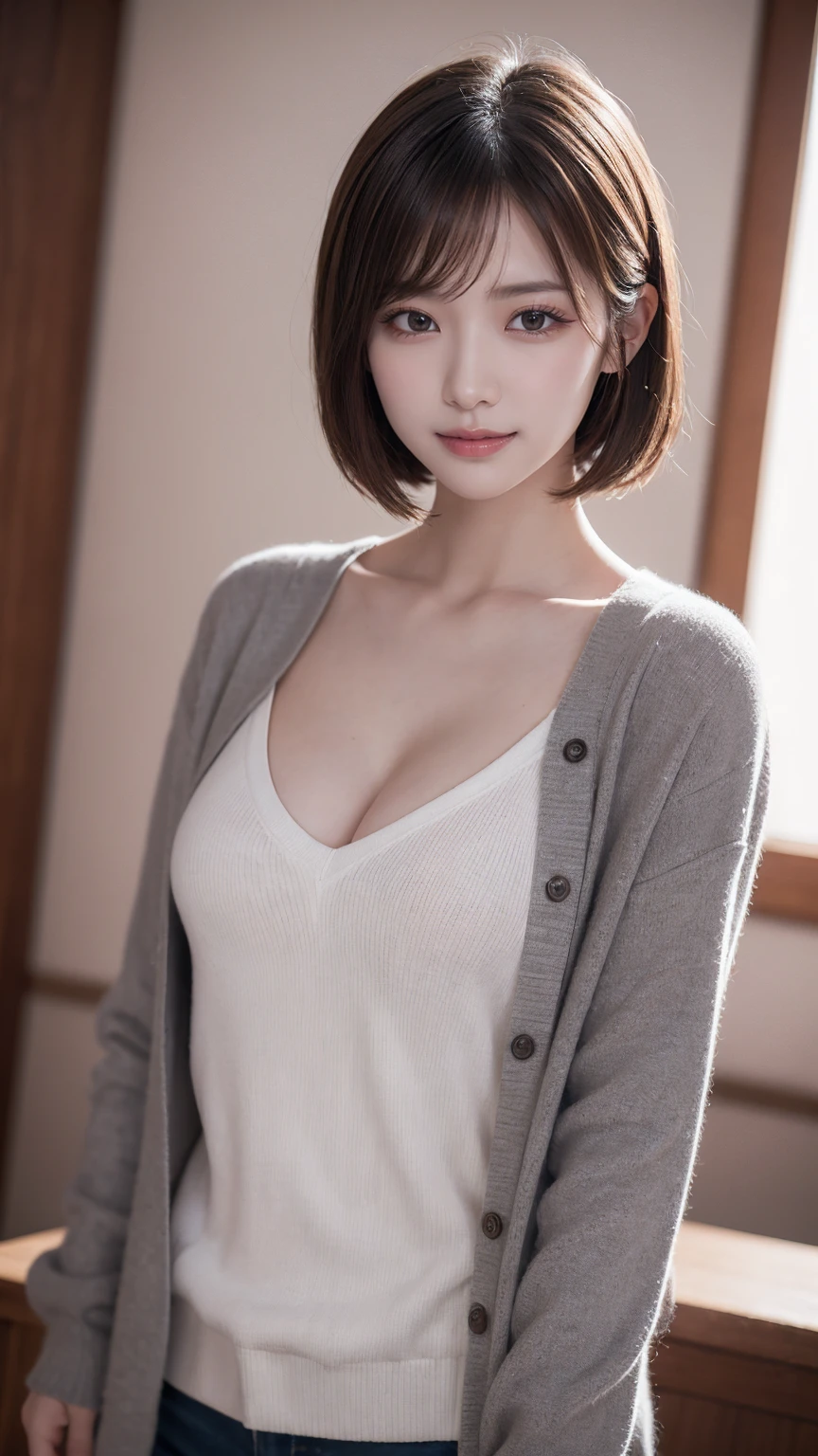 One Girl, (Wear trendy fashion:1.2), (RAW Photos, Highest quality), (Realistic, Realistic:1.4), Tabletop, Very delicate and beautiful, Very detailed, 2k wallpaper, wonderful, In detail, Very detailedな CG Unity 8K 壁紙, Very detailedな, High resolution, Soft Light, Beautiful detailed girl, Looking into the camera、Very detailedな目と顔, Beautiful and sophisticated nose, Beautiful details, short hair, small, Grey clothes、White Background、Background is white、Cinema Lighting, Perfect Anatomy, Slender body, smile, ,Big Breasts