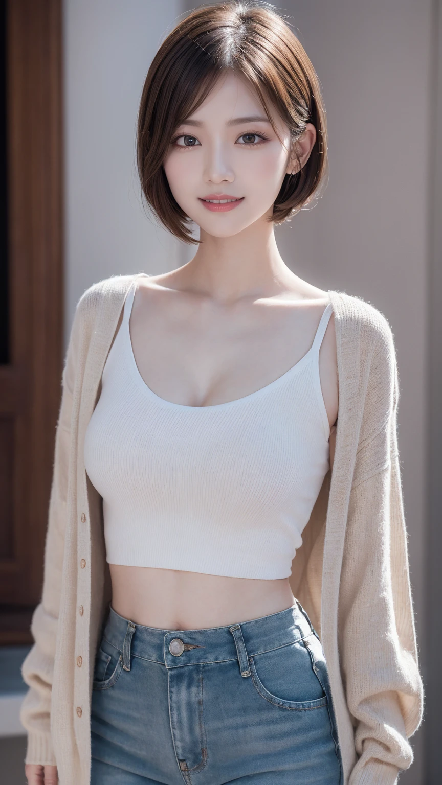 highest quality, masterpiece, ultra high resolution, (realistic:1.4), 20-year-old,1 girl,super high quality,8k,thinウエスト,thin脚,thin and beautiful arms,beautiful fingers,The shape of the breasts is clearly visible,Sale eye makeup,My nipples are erect,thin,Medium chest,soft chest,(((Short and transparentTonly shirt and panties))),The shirt is so short that you can see the underline of your breasts,((straight hair to shoulders)),((Bangs short hair)),realistic,picture media chest)),((toothy smile)),((big smile))