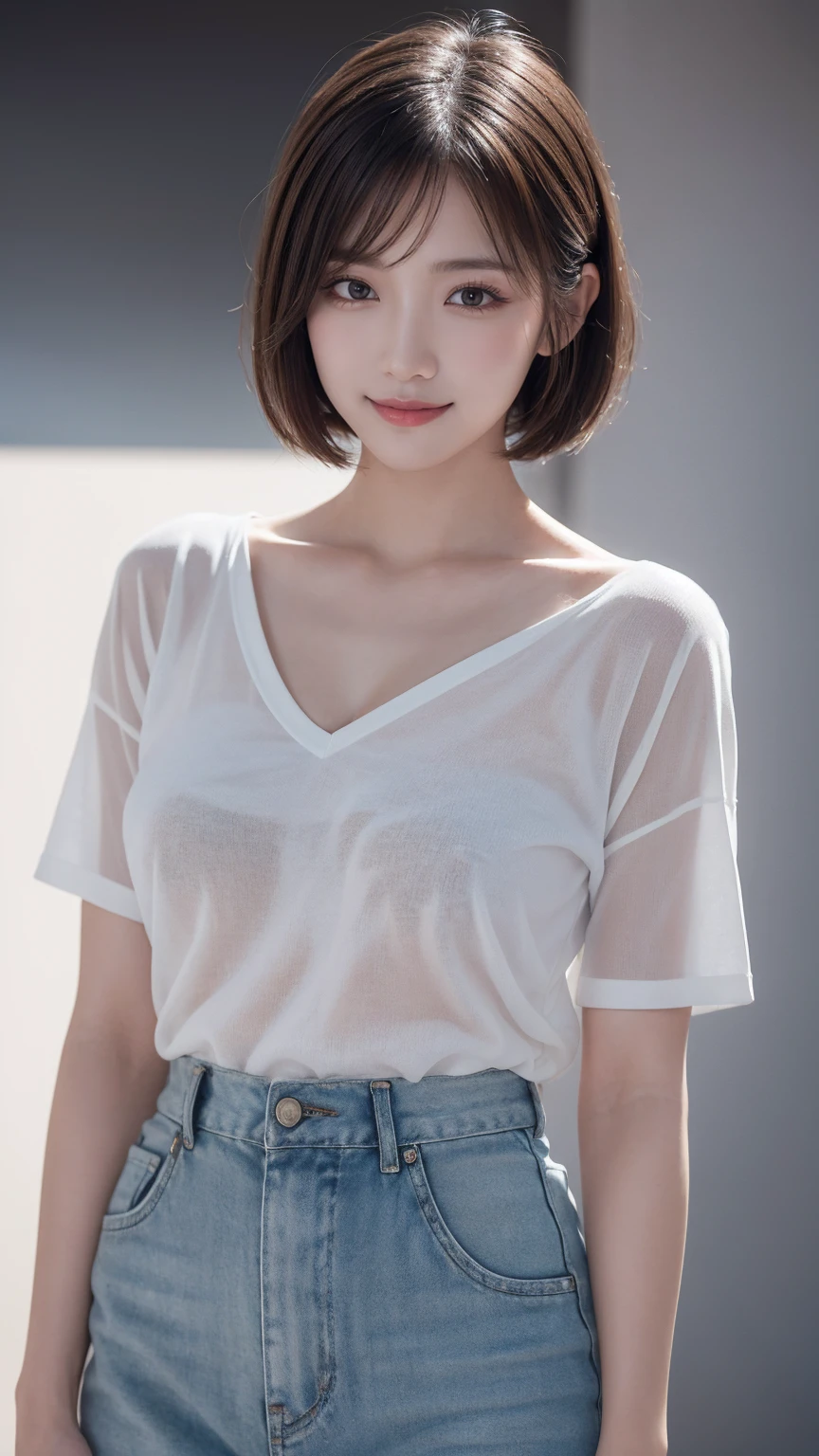 One Girl, (Wear trendy fashion:1.2), (RAW Photos, Highest quality), (Realistic, Realistic:1.4), Tabletop, Very delicate and beautiful, Very detailed, 2k wallpaper, wonderful, In detail, Very detailedな CG Unity 8K 壁紙, Very detailedな, High resolution, Soft Light, Beautiful detailed girl, Looking into the camera、Very detailedな目と顔, Beautiful and sophisticated nose, Beautiful details, short hair, small, Grey clothes、White Background、Background is white、Cinema Lighting, Perfect Anatomy, Slender body, smile, ,Big Breasts