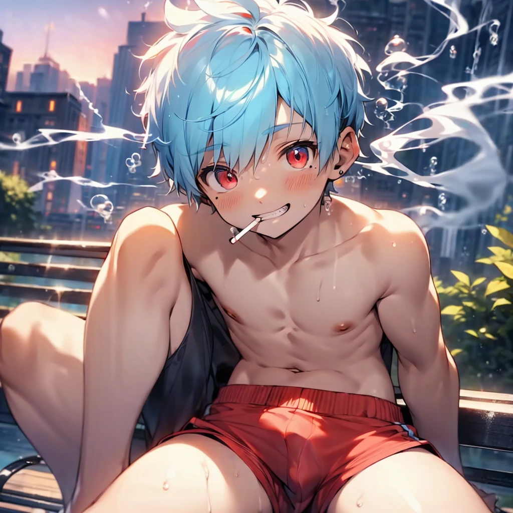 (solo:2), (boldline:-1.8), (smoking:1.6), (((bubble))), (sitting on bench:1.5), (spread legs:1.5), (((fang))), (((best finger))), BREAK (best quality:1.5), (absolutely resolution:1.5), (ultra detailed:1.5), (masterpiece:1.5), (perfect face), (detailed face), (detailed eyes), (best eyes), (cute face), (shota:2), BREAK (topless:1.5), BREAK (red short pants:1.5), (see throgh wet clothes:1.2), (bulge:1.6), (skinny:1.3), (spiked hair), BREAK (light blue hair:1.5), (wine red eyes:1.4), (eyes with highlight:1.6), ((mole under eye)), (sweaty skin), (grin:1.5), ((earrings)), (shiny skin:1.3), BREAK (garden), (building:1.5), (at twilight:1.5), ((wind blowing)), ((nipple)), abs, groin,