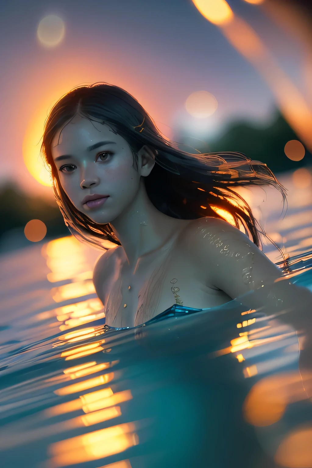 (masterpiece), (very complicated: 1.3), (realistic), portrait of a girl, swimming underwater, (dynamic perspective), the most beautiful in the world, (naked), reflection satin, outdoor, bright sun, distant plant group, stunning female professional photo details, sharp focus, dramatic, awards history, cinematic lighting, Octane Rendering Unreal Engine, dtx volumetry, (film grain, background blur shot, foreground blur, Bokeh, depth of written boundaries, sunset, motion blur: 1.3), (wet hair: 0.8),

