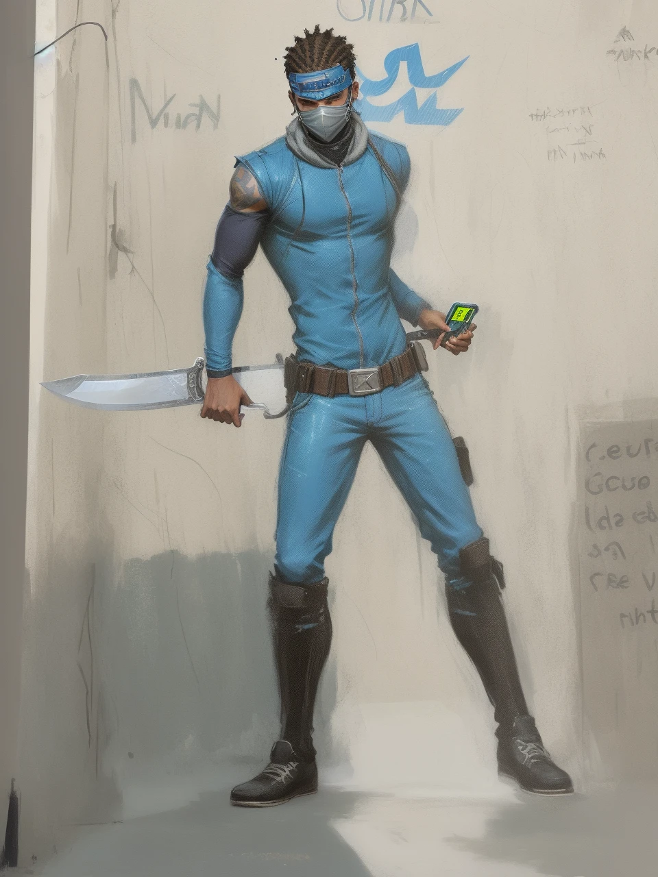 there is a black man with a sword in one hand holding a cell phone in the other, gta personagem, Cyberpunk Rua Goon, como um personagem de gtav, gta v street style, Avatar da parte superior do corpo, parte superior detalhada do corpo, parte superior do corpo altamente detalhada, GTA 6 estilo, mechanic punk outfit, corpo inteiro altamente detalhado, GTA V Estilo, Estilo GTA5, Technoviking masculino sem camisa, Estilo lvngvncnt, blue tmnt ninja eyemask, neon yellow electricity on sword