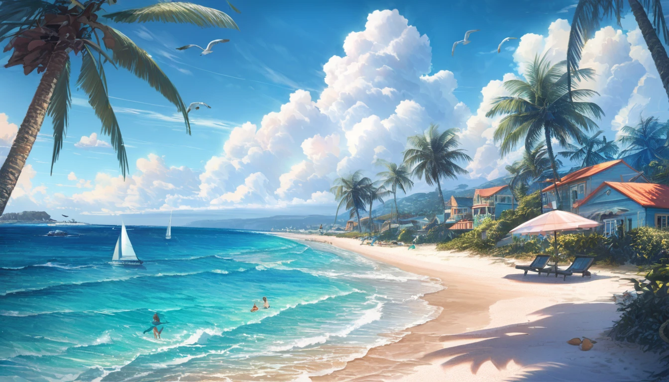 Blue Coast, a beautiful coastline overlooking the deep blue ocean, sandy beaches and crashing waves, palm trees swaying in the gentle breeze, clear blue skies with fluffy white clouds, a lone sailboat in the distance, sparkling sunlight reflecting on the water, seashells scattered on the beach, children building sandcastles, seagulls soaring in the sky, a small beachside cafe serving refreshing drinks, vibrant and saturated colors, soft and warm sunlight, a peaceful and serene atmosphere, a sense of tranquility and relaxation (best quality,ultra-detailed,highres,professional:1.2),coastal landscape,photorealistic,exquisite brushwork,subtle textures and details,layers of vibrant colors,emphasizing the beauty of the ocean, capturing the essence of a summer beach day