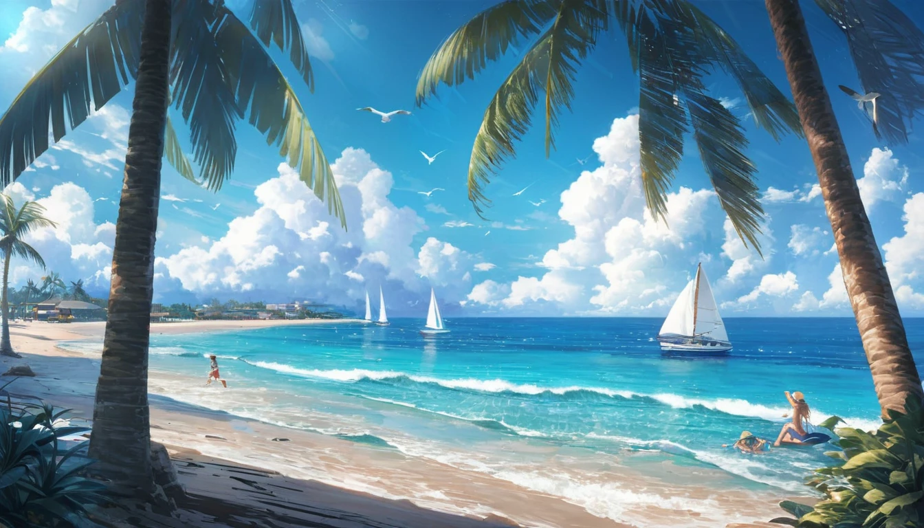 Blue Coast, a beautiful coastline overlooking the deep blue ocean, sandy beaches and crashing waves, palm trees swaying in the gentle breeze, clear blue skies with fluffy white clouds, a lone sailboat in the distance, sparkling sunlight reflecting on the water, seashells scattered on the beach, children building sandcastles, seagulls soaring in the sky, a small beachside cafe serving refreshing drinks, vibrant and saturated colors, soft and warm sunlight, a peaceful and serene atmosphere, a sense of tranquility and relaxation (best quality,ultra-detailed,highres,professional:1.2),coastal landscape,photorealistic,exquisite brushwork,subtle textures and details,layers of vibrant colors,emphasizing the beauty of the ocean, capturing the essence of a summer beach day