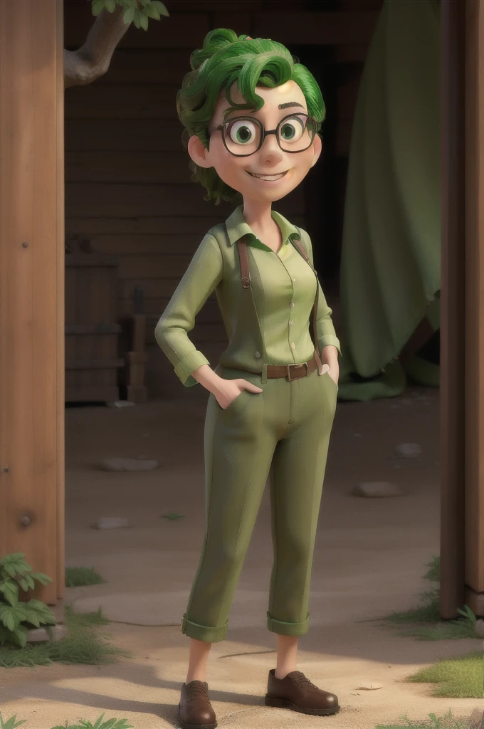 masterpiece, best quality, a woman with glasses wearing a green work costume, standing in an Hollywood studios 