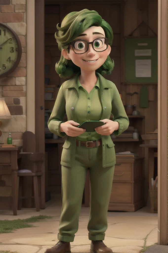 masterpiece, best quality, a woman with glasses wearing a green work costume, standing in an Hollywood studios 