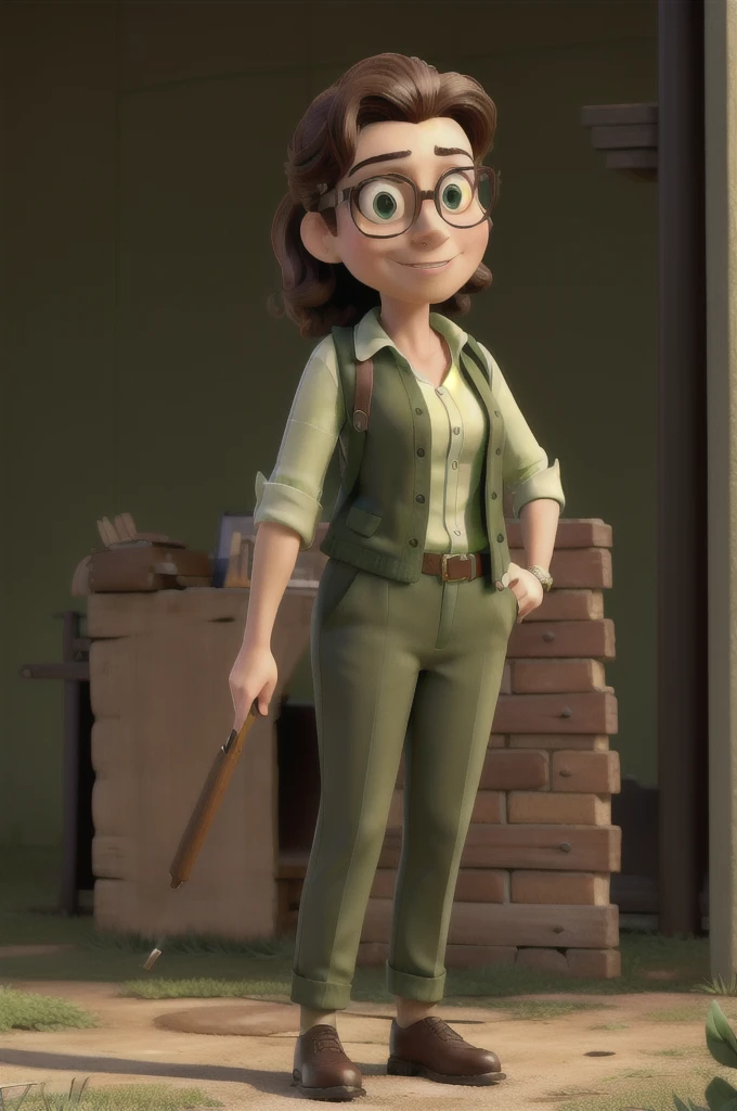 masterpiece, best quality, a woman with glasses wearing a green work costume, standing in an Hollywood studios 