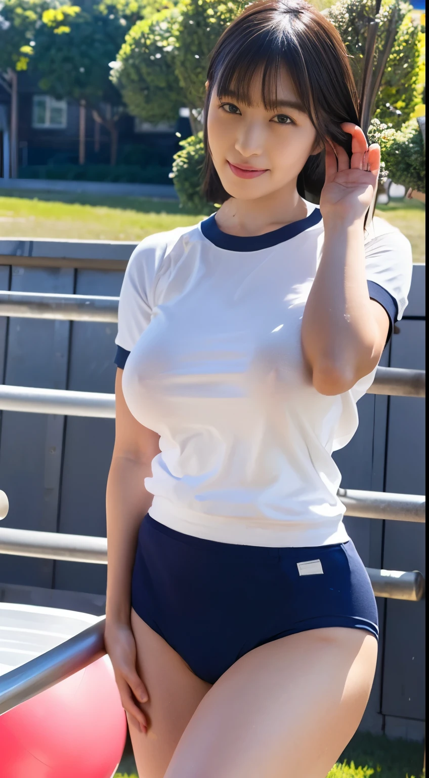 Portrait from head to knee、alone、high school girl、White skin、Natural Makeup、Black Hair、bangs、Straight Long Hair、((School-designated gym clothes))、((The upper body is a white short-sleeved gym uniform))、((Long white gym clothes))、(((Very tight bloomerid rise bloomers)))、(((Navy Bloomer)))、(((Tuck the bottom of your gym clothes into your bloomers)))、Big Breasts、Big Ass、(((Schoolyard)))、((Realistic fingers))、((Perfect Style))、((Realistic body shape))