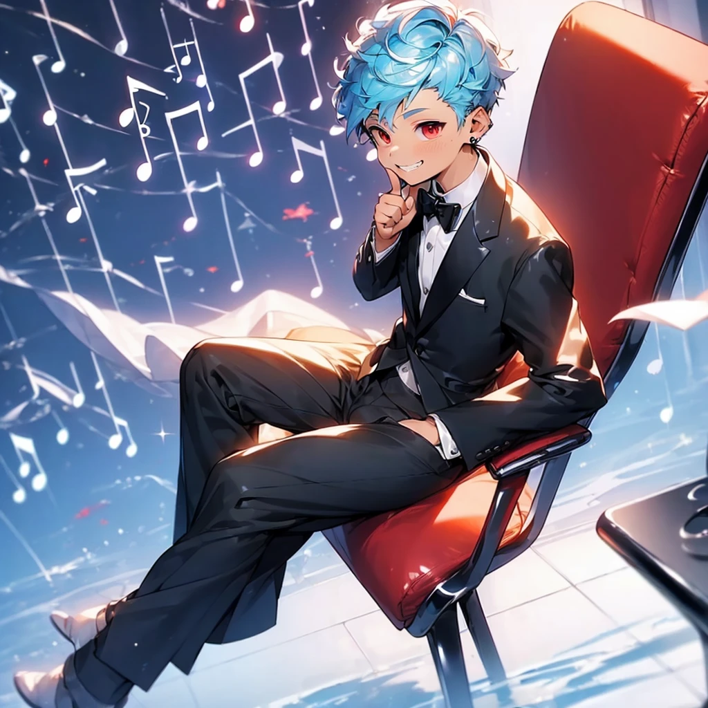 (solo:2.5), (boldline:-1.7), (put index finger on mouth:1.5), (floating musical notes:1.7), (sitting on red chair:1.5), (((fang))), (((best finger))), BREAK (best quality:1.5), (absolutely resolution:1.5), (ultra detailed:1.5), (masterpiece:1.5), (perfect face), (detailed face), (detailed eyes:1.3), (best eyes), (cute face), (shota:2), BREAK (tuxedo:1.5), (bulge:1.6), (skinny:1.3), BREAK (light blue hair:1.5), (spiked hair), (wine red eyes:1.4), (eyes with highlight:1.6), ((mole under eye)), (sweaty skin), (grin:1.5), ((earrings)), (shiny skin:1.3), BREAK (concert hall:1.5), (spot light:1.3), (at concert), (many people), ((wind blowing)), frow below,