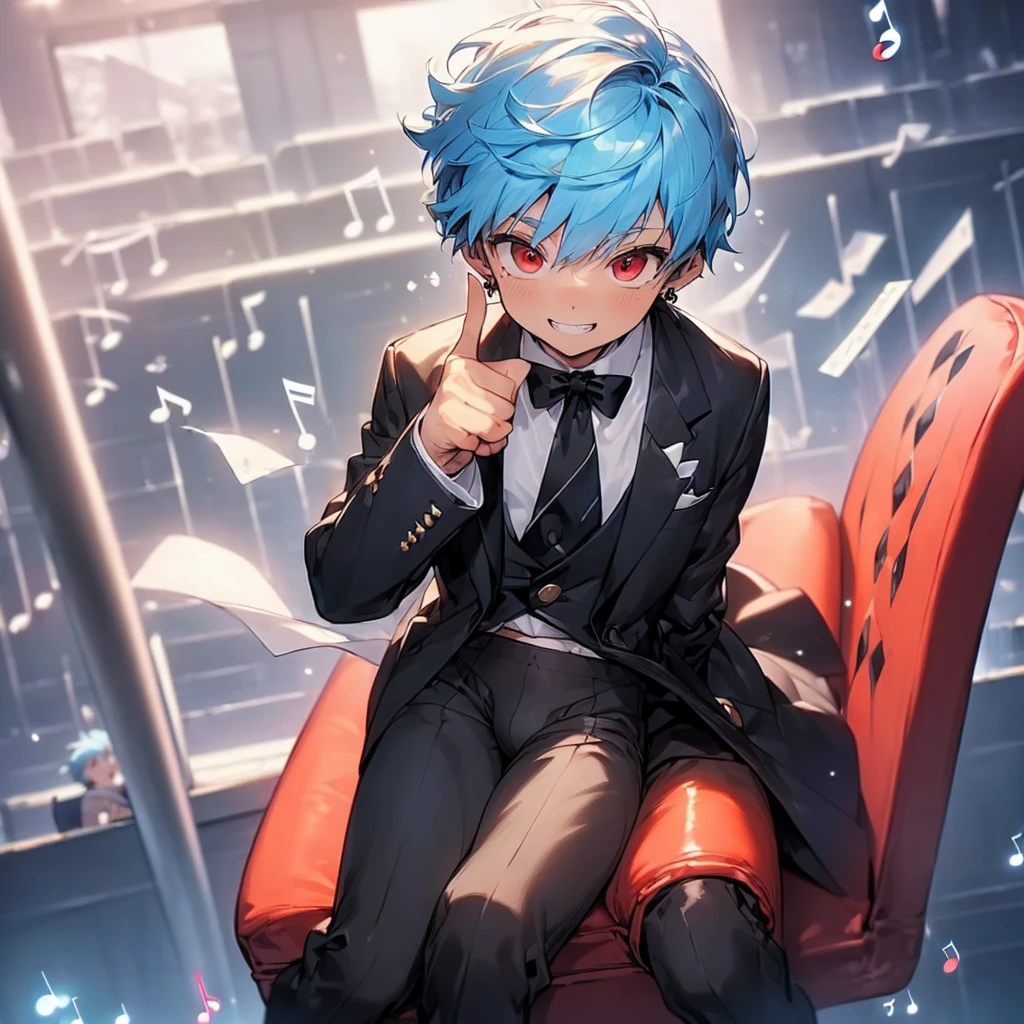 (solo:2.5), (boldline:-1.7), (put index finger on mouth:1.5), (floating musical notes:1.7), (sitting on red chair:1.5), (((fang))), (((best finger))), BREAK (best quality:1.5), (absolutely resolution:1.5), (ultra detailed:1.5), (masterpiece:1.5), (perfect face), (detailed face), (detailed eyes:1.3), (best eyes), (cute face), (shota:2), BREAK (tuxedo:1.5), (bulge:1.6), (skinny:1.3), BREAK (light blue hair:1.5), (spiked hair), (wine red eyes:1.4), (eyes with highlight:1.6), ((mole under eye)), (sweaty skin), (grin:1.5), ((earrings)), (shiny skin:1.3), BREAK (concert hall:1.5), (spot light:1.3), (at concert), (many people), ((wind blowing)), frow below,