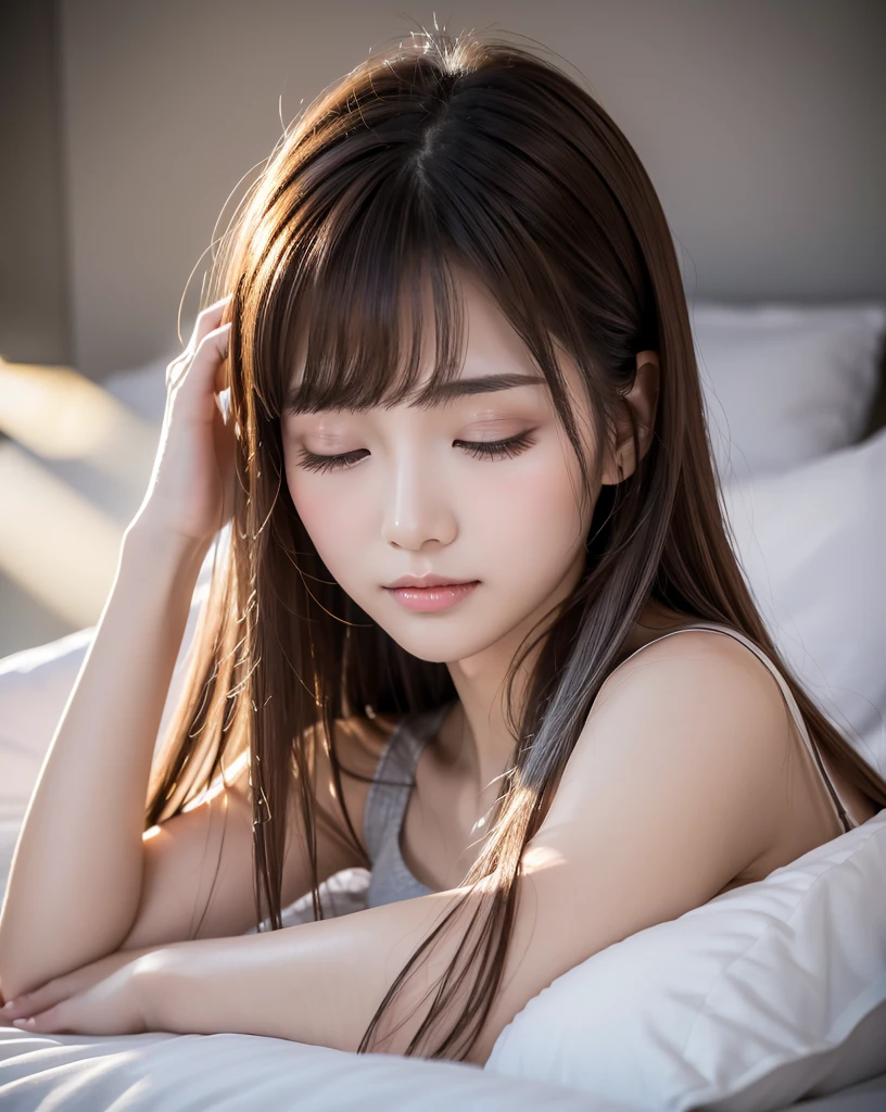 (Highest quality, 32k, High resolution, Masterpiece:1.5, ), marimo_jet, god々A photograph with brilliant dazzling and healing power., Evoking a sense of calm and elusive beauty, Expressing emotions, Have a rich imagination,Beautiful Japanese Girls, ((Lying in bed:1.4)), An exceptionally beautiful face, Small Face Beauty, Perfect Human Anatomy, Motherhood and generosity, Deep Love, Innocent sleeping face, Close ~ eyes, Shiny brown hair, Intricately detailed long hair, Asymmetrical bangs, Hair between the eyes, Transparent, soft white skin, Sharp eyebrows, Thin lashes, Natural Makeup, Cheek highlighter, Pale pink detailed lips, , ((Grey camisole:1.2)), High resolutionの完璧な鎖骨, High resolutionの美しい胸元, Slim figure with ample breasts, High resolutionの美しい太もも, ((A bright room with morning sunlight streaming in:1.3)), ((White bed)), Professional Lighting, Professional photographer, Professional models, god秘的