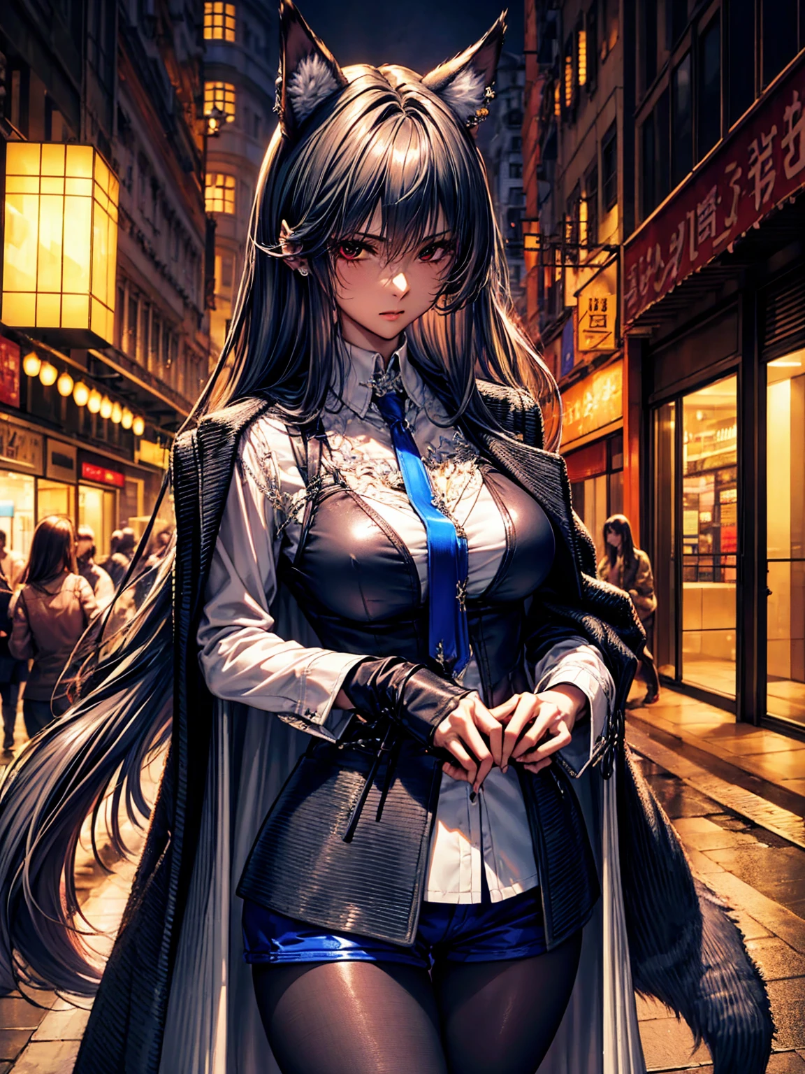 top-quality、tmasterpiece、Very high resolution、super high image quality、High-quality pixels)、perfect eyes, perfect face, perfect body figure,solo,8K, large breast,(Detailed description of hair), (Detailed description of face),(Detailed description of body), fair and clear skin, matchless beauty, long legged, dark grey hair details expressed, The details have been upgraded,opaque red eyeball color,model posture,dark grey fox ears,dark grey fox tail,Braless, pigsney, Looking at Viewer, arms behind back , put hands on the hip, (Perfect hands), puffies , Female pubic hair, see-through legwear, shirt, shirts lift, Earring, shiny eyes, long black open coat, Open jacket, Blue tie,long stocking, on Hongkong street,Cityscape,Night, symmetric outfit