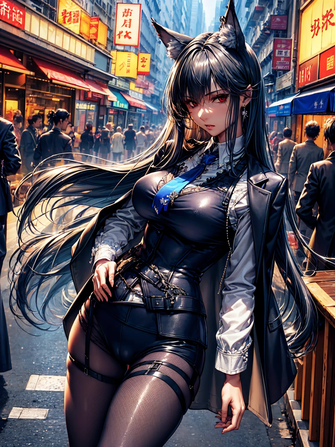top-quality、tmasterpiece、Very high resolution、super high image quality、High-quality pixels)、perfect eyes, perfect face, perfect body figure,solo,8K, large breast,(Detailed description of hair), (Detailed description of face),(Detailed description of body), fair and clear skin, matchless beauty, long legged, dark grey hair details expressed, The details have been upgraded,opaque red eyeball color,model posture,dark grey fox ears,dark grey fox tail,Braless, pigsney, Looking at Viewer, arms behind back , put hands on the hip, (Perfect hands), puffies , Female pubic hair, see-through legwear, shirt, shirts lift, Earring, shiny eyes, long black open coat, Open jacket, Blue tie,long stocking, on Hongkong street,Cityscape,Night, symmetric outfit