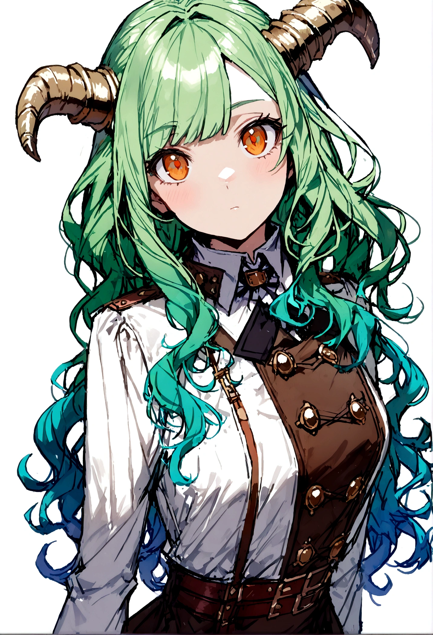 ((Live 2D))  masterpiece, One girl, whole body, Stand up straight, Steampunk clothing, uniform, View your viewers, Detailed face, girl with green Wavy Hair, bangs, Metal ram horn, Gradient Hair, Multicolored Hair, Bright green hair, Turquoise hair tips, Wavy Hair, Gradient Eye, Orange eyes, (Simple Background, White Background: 1.3)
