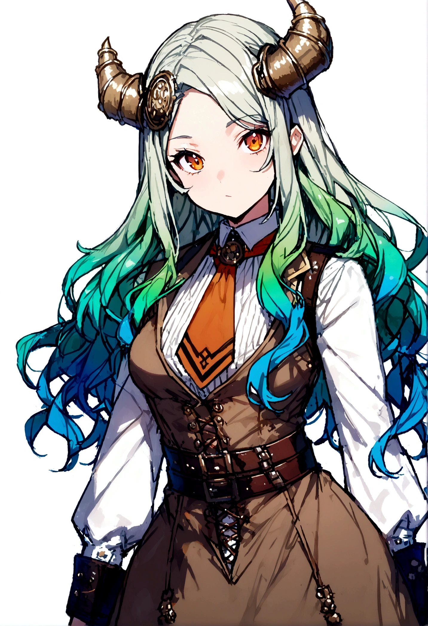 ((Live 2D))  masterpiece, One girl, whole body, Stand up straight, Steampunk clothing, uniform, View your viewers, Detailed face, girl with green Wavy Hair, bangs, Metal ram horn, Gradient Hair, Multicolored Hair, Bright green hair, Turquoise hair tips, Wavy Hair, Gradient Eye, Orange eyes, (Simple Background, White Background: 1.3)