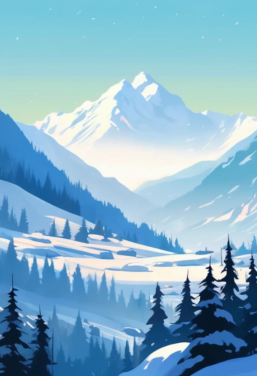 Spruce trees in winter landscape，T-shirt design, Impressive snow-capped mountains、Paintings of the grassland, ameticulous, Environmental Art, meticulous, Silhouette Art, 2D Game Art, Background of the logo