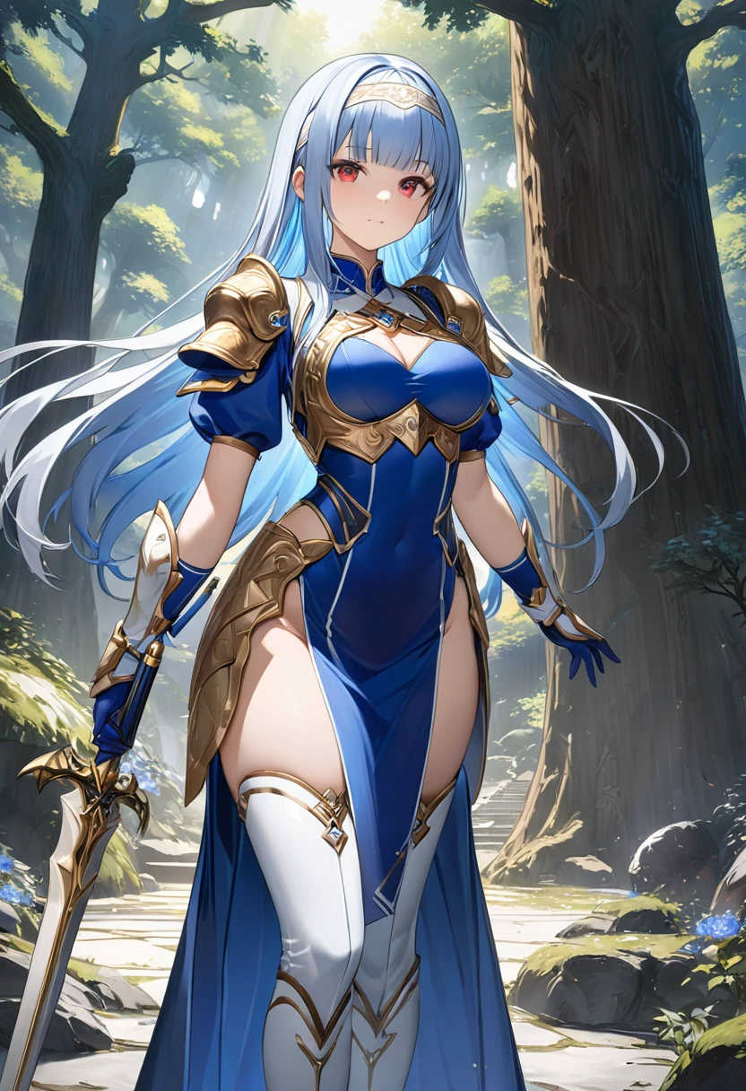 Highest quality、unity 8k wallpaper、32k、masterpiece、Very detailed、Ultra-high resolution、Very detailedな顔, RAW Photos, Professional, Ultra-fine painting,　Blue long straight hair、Blue and silver headband、Red Eyes、(Tree Eyes), Cool and sharp features, Hime cut, 20～A female magical warrior, about 24 years old.、White and gold breastplate、Blue and white leotard、Blue and white gold-embellished pencil skirt with side armor and long slits、Half puff sleeves with shoulder pads、A large white ribbon with a large sapphire on the chest、White and blue long gloves、White and blue thigh-high stiletto boots、whole body