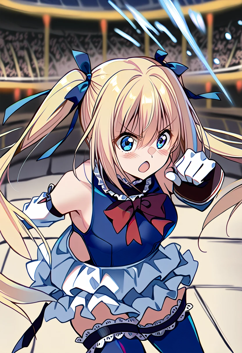 1girl,fight pose, doaMarie, blonde hair, twintails, hair ornament, hair ribbon, frilled choker, red bowtie, blue one-piece swimsuit, frilled swimsuit, blue sleeves, detached sleeves, gloves, blue thighhighs, frilled thighhighs, standing,(Silver Hair:1.4),Very long hair,(Arena:1.4), 