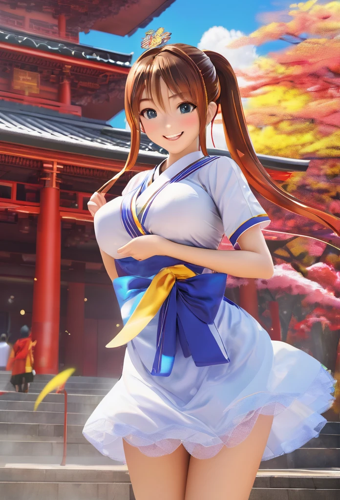 Shrine grounds, Clear sky with white clouds, Miko costume, Blur the background,high school girl,Big Breasts,ponytail,smile,Glitter effect,Highest quality, 8K, High resolution, masterpiece:1.2, Very detailed, Realistic:1.37, High resolution, 超High resolution, Ultra-fine painting, Very detailed, Professional, Vibrant colors