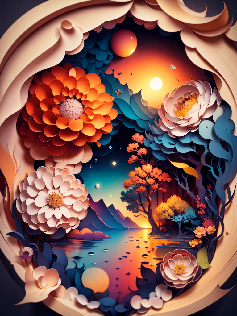 (((masterpiece))),best quality, illustration, sunset, Water color painting, light background, best quality exquisite details,3d rendering,Octane render, pastel, paper_cut.